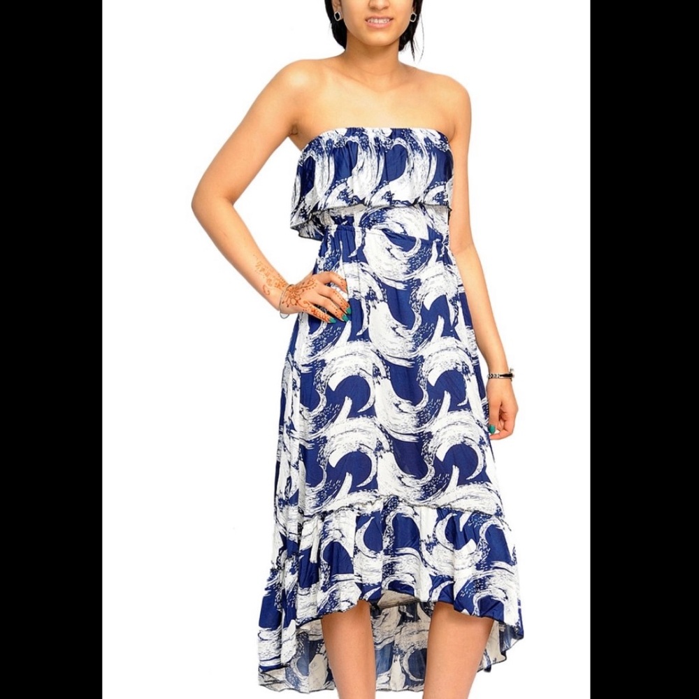Shoreline Navy and White Abstract Ruffle Strapless Hi Low Dress, Size OS